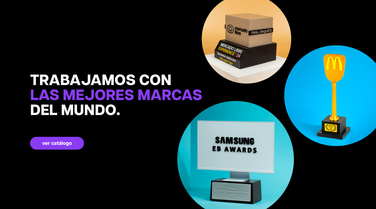 Colección de galardones personalizados fabricados en impresión 3D, con distintos tamaños, formas y aplicaciones de marca.