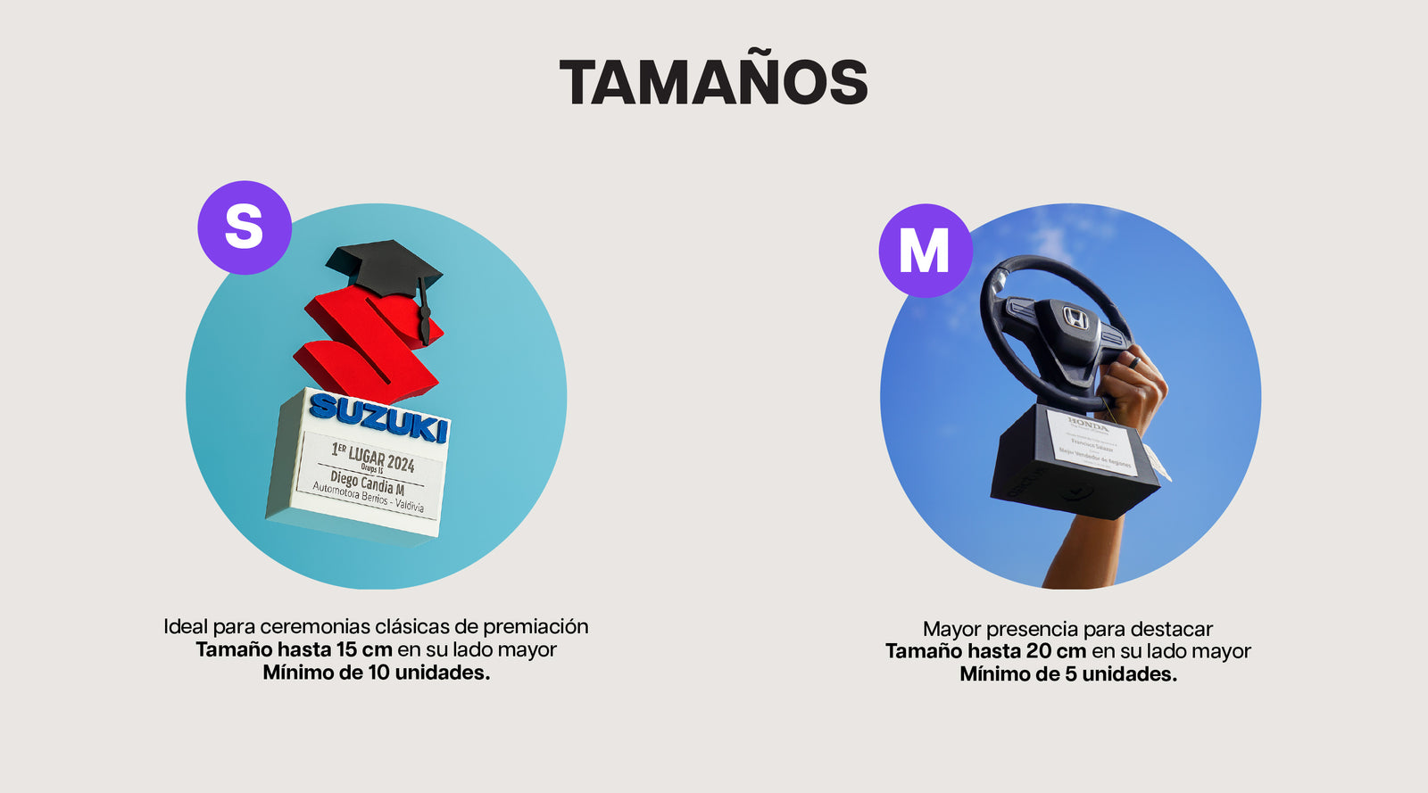 Guía de tamaños de galardones personalizados en formatos S y M, con ejemplos de altura y cantidades mínimas.
