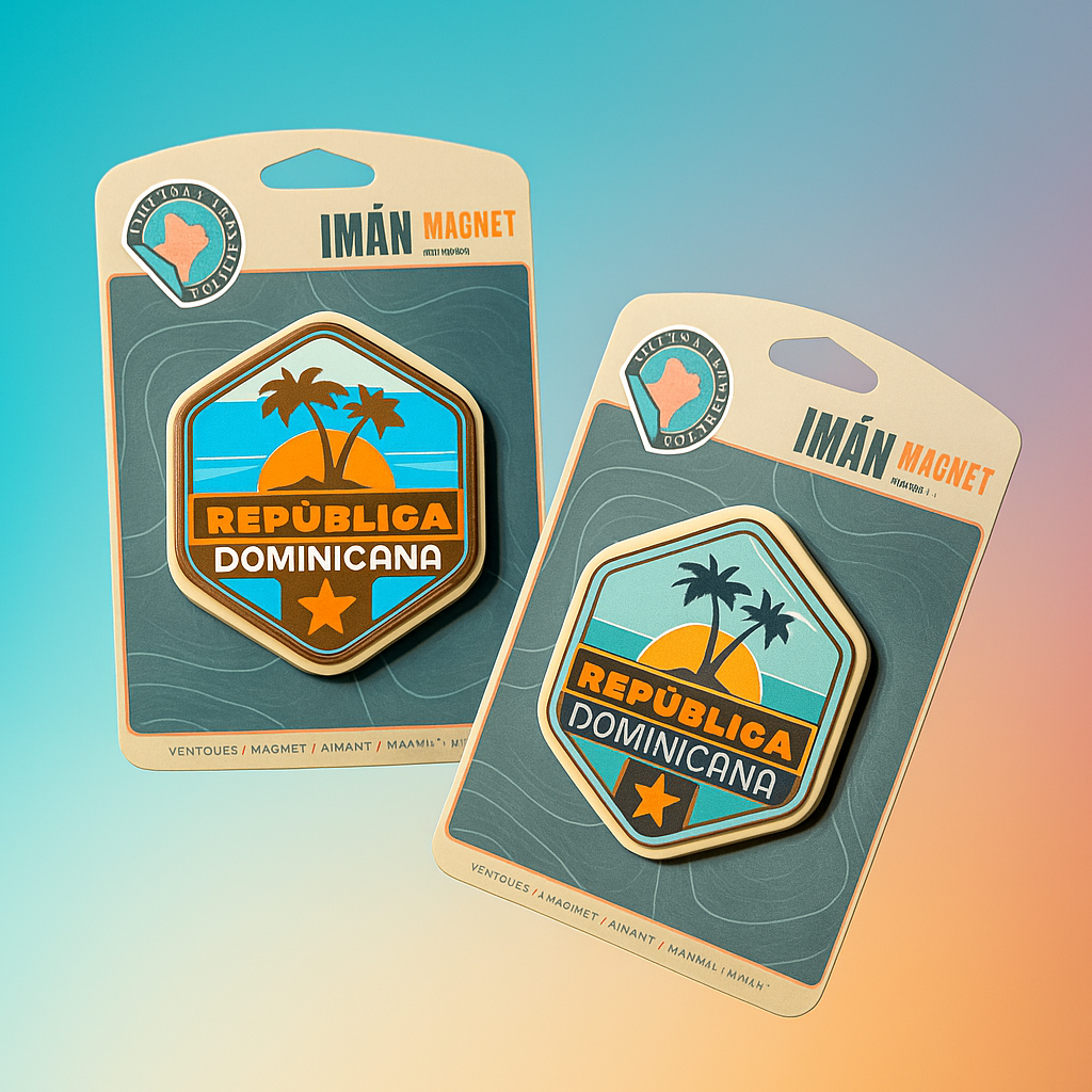 Imán personalizado de República Dominicana fabricado en impresión 3D, con diseño tipo escudo turístico, gráficos en relieve y base magnética posterior