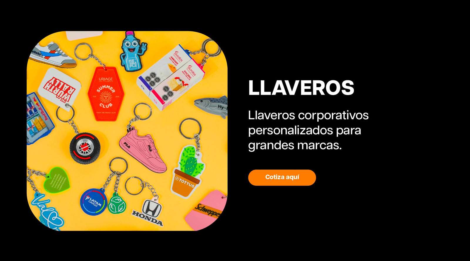 Llaveros corporativos personalizados en distintos diseños y formas para grandes marcas.