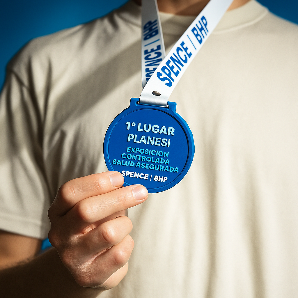 Medalla de premiación personalizada SPENCE con lanyard impreso y pieza circular fabricada en impresión 3D, utilizada para reconocimiento de primer lugar en competencia