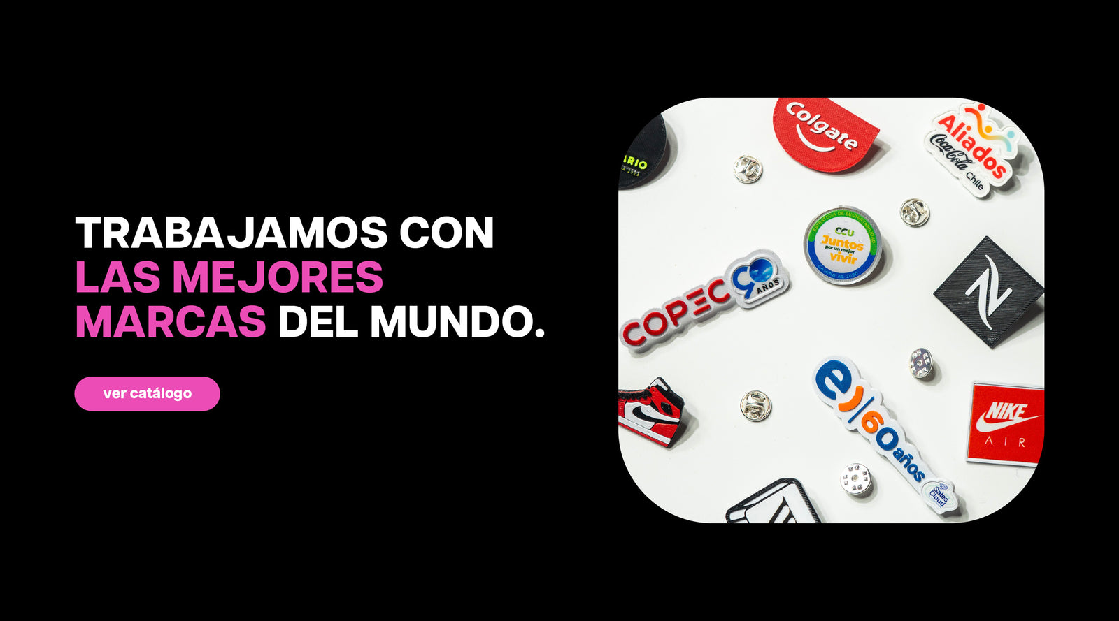 Colección de pines personalizados fabricados en impresión 3D, con distintas formas, colores y aplicaciones de marca.