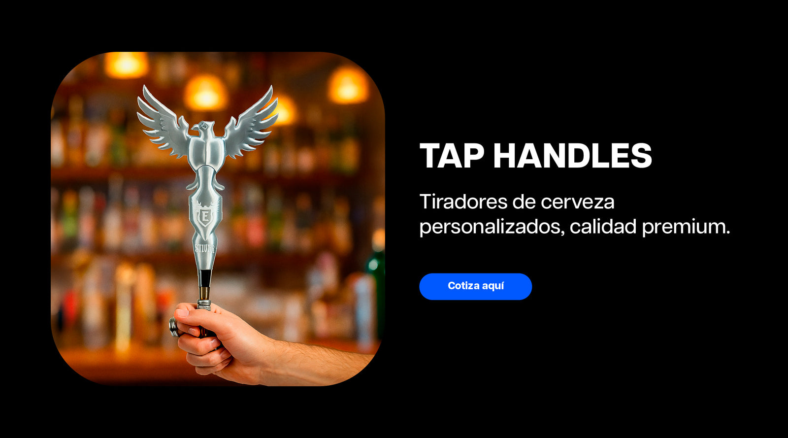 Tirador de cerveza personalizado para barra, con diseño de marca y terminaciones de calidad premium.